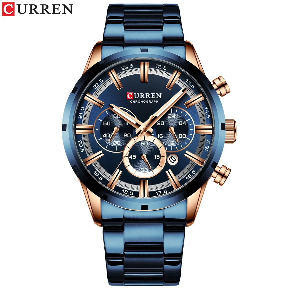Level up Your Look with the Curren Men's Watch: Boasting a Blue Dial, Stainless Steel Band, Date Functionality, and Waterproof Design. The Ultimate Statement of Style and Functionality