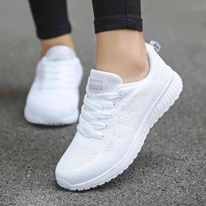 2024 Fashion Sneakers for Women: Casual Breathable Mesh Flat Shoes - White Vulcanized Gym Footwear