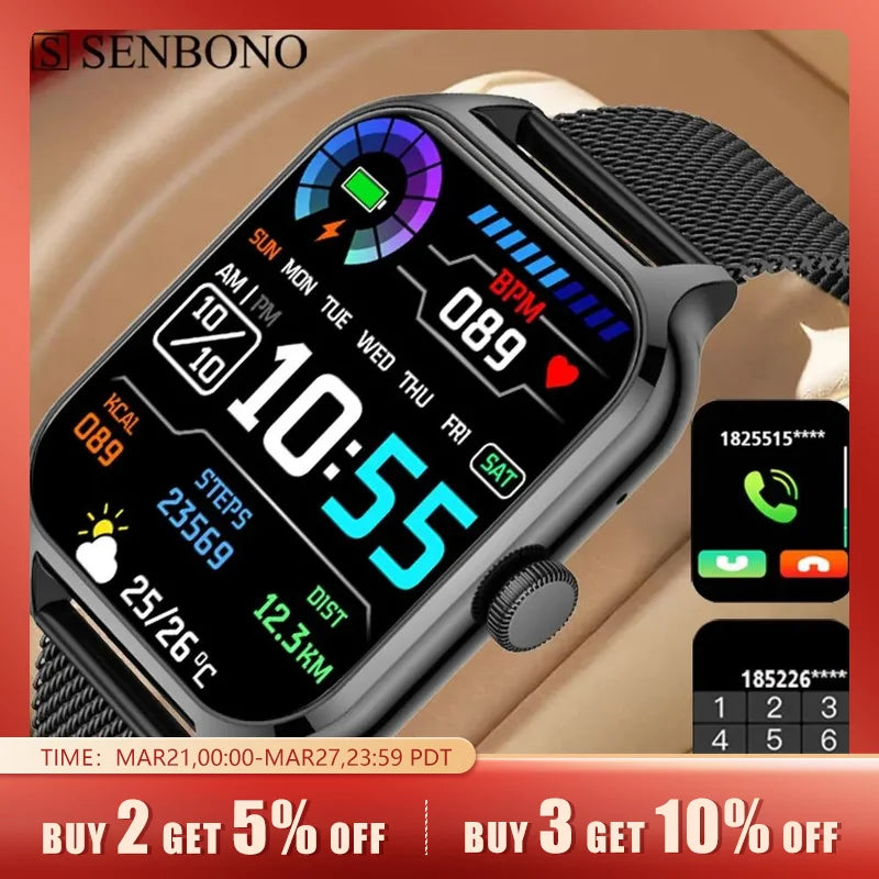 SENBONO New 1.91" Smartwatch: Bluetooth Call, Heart Rate & Blood Oxygen Tracker - Sport Watch for Women and Men, Compatible with iOS and Android