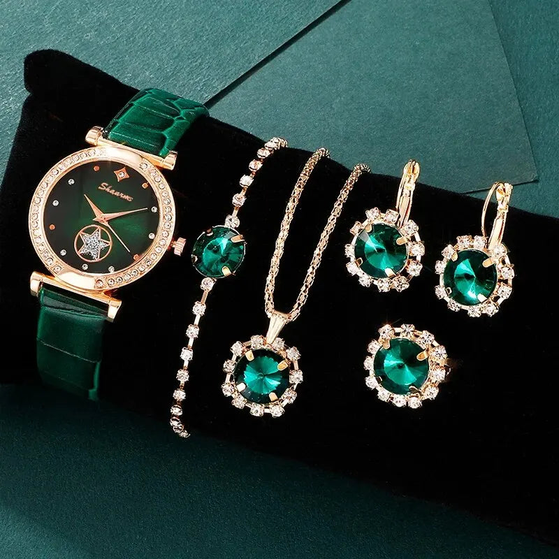 Indulge in Luxury with the 6PCS Green Quartz Watch Set for Women: Includes Rings, Necklaces, Earrings, and Rhinestone-adorned Wristwatches, Perfect for Elevating Your Casual Fashion Statement
