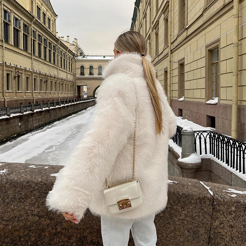Exclusive Luxury Brand Eco-Coat: Fluffy Faux Fur Women's Winter Jacket - Shaggy, Thick, Warm, Premium Long Coat Perfect for Festivals and Overcoats