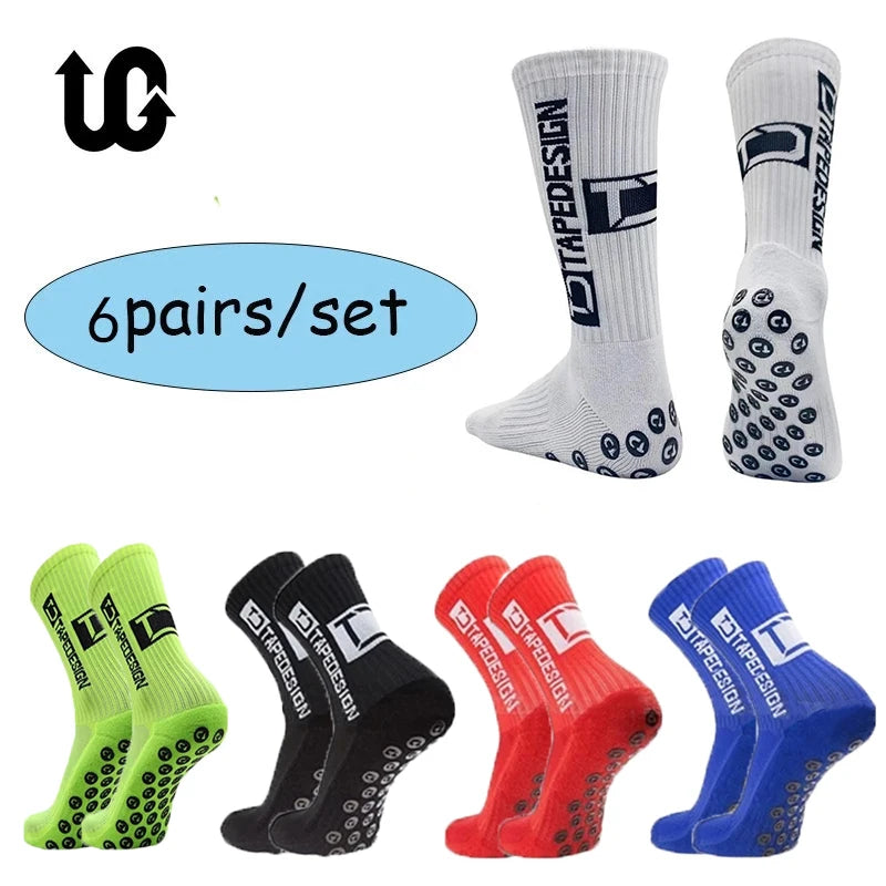 2023 New Anti-Slip Football Socks: 6 Pairs/Lot, Mid-Calf Design with Tapedesign, Ideal for Soccer, Cycling, and Sports - Men's EU38-45 Size Range