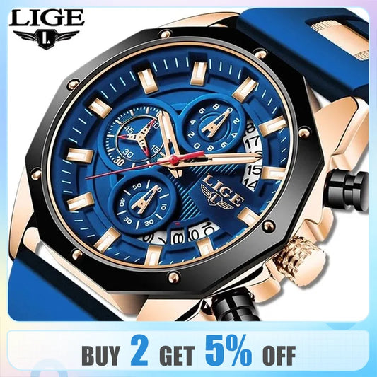 LIGE Fashion Men's Luxury Silicone Sport Watch: A Stylish Quartz Timepiece with Date, Waterproof, and Chronograph Features