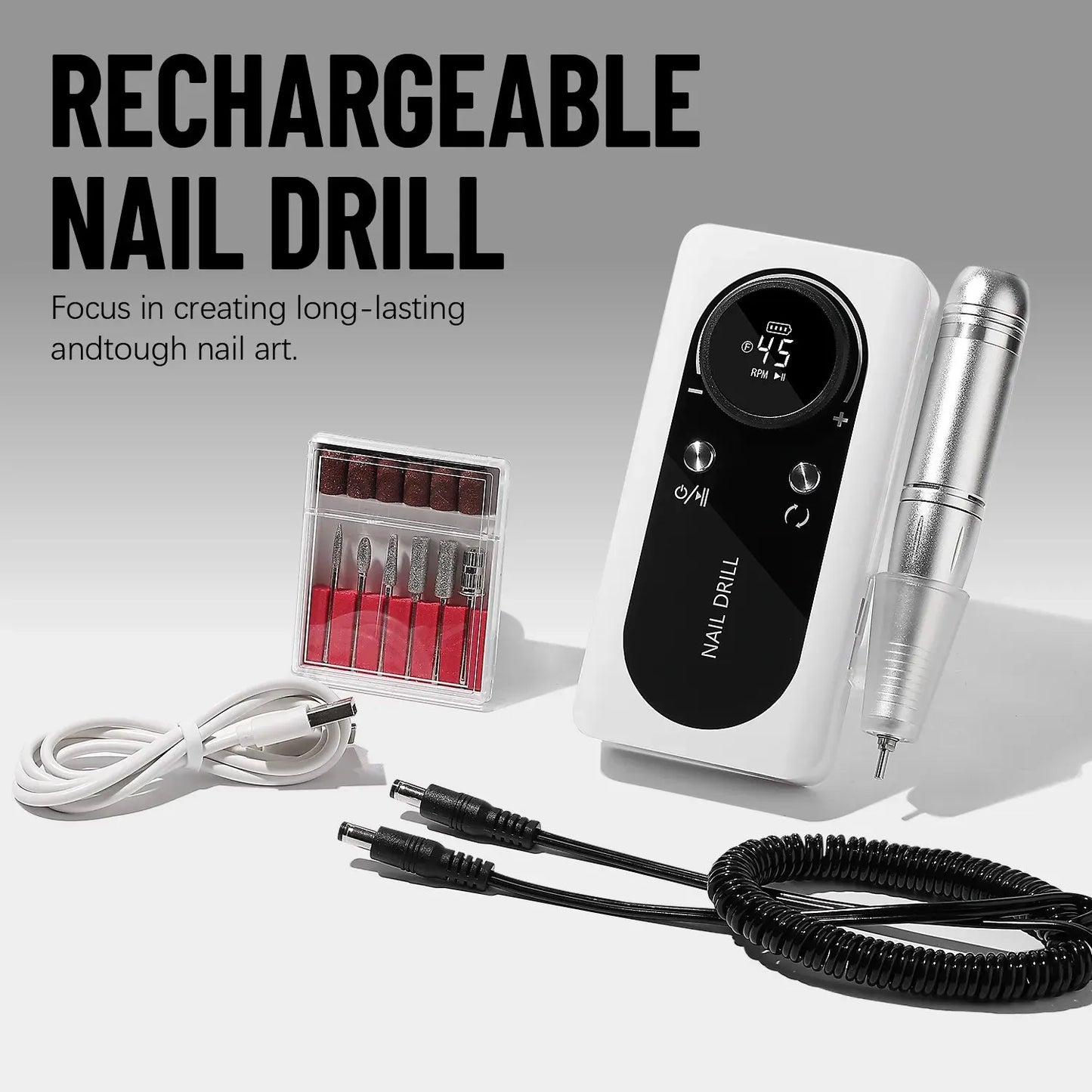 45000RPM Electric Portable Nail Drill Machine: Rechargeable Nail Sander for Gel Nails Polishing
