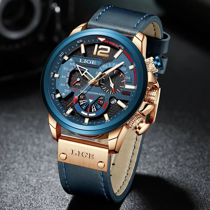 LIGE Fashion Luxury Chronograph Sport Watch for Men: Waterproof Quartz