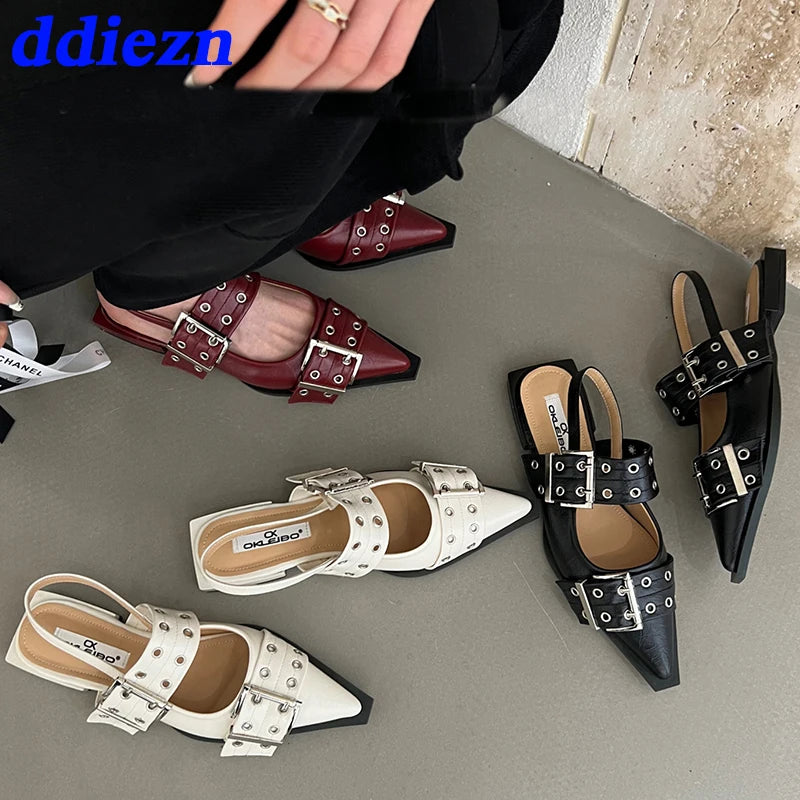 Step into Luxury: 2024 Designer Buckle Fashion Ladies Flats Shoes - Slingback, Pointed Toe, Casual Female Sandals Mules with a Touch of Elegance