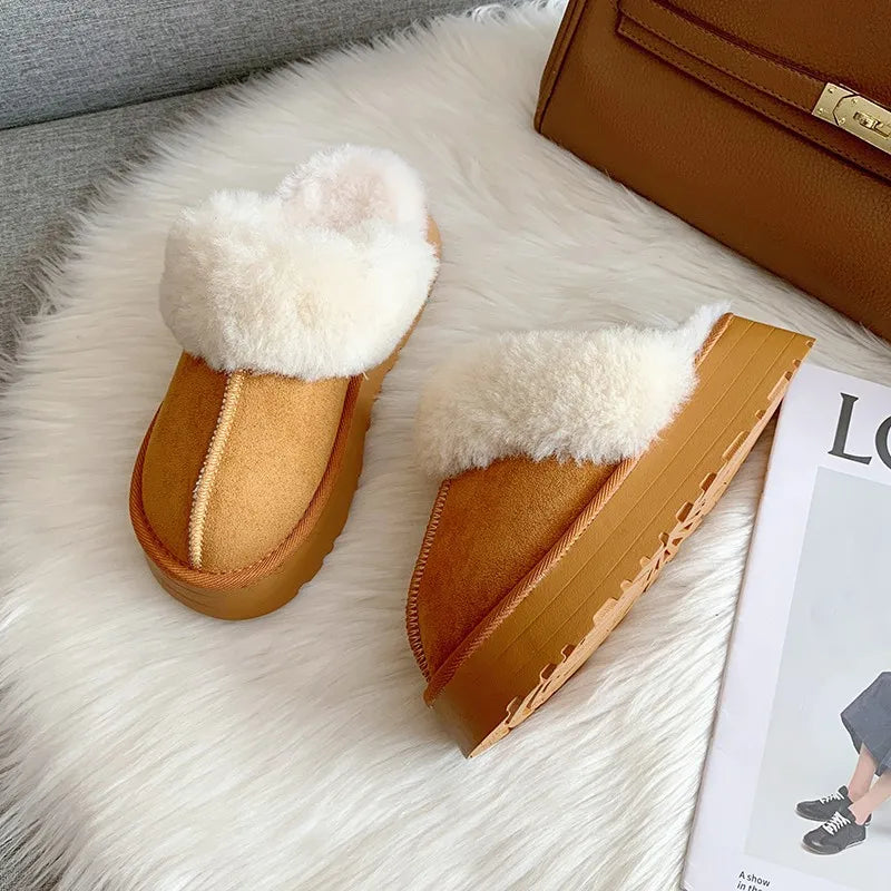 Elevate Your Comfort: Luxury Winter Plush Fur Slippers for Women - Slip-On Platform Slides with Thick Soles, Designer Cotton Home Shoes