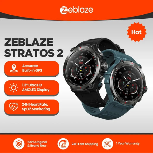 Zeblaze Stratos 2 GPS Smartwatch: AMOLED Display, 24h Health Monitoring, 5 ATM Waterproof, Long Battery Life - Designed for Men