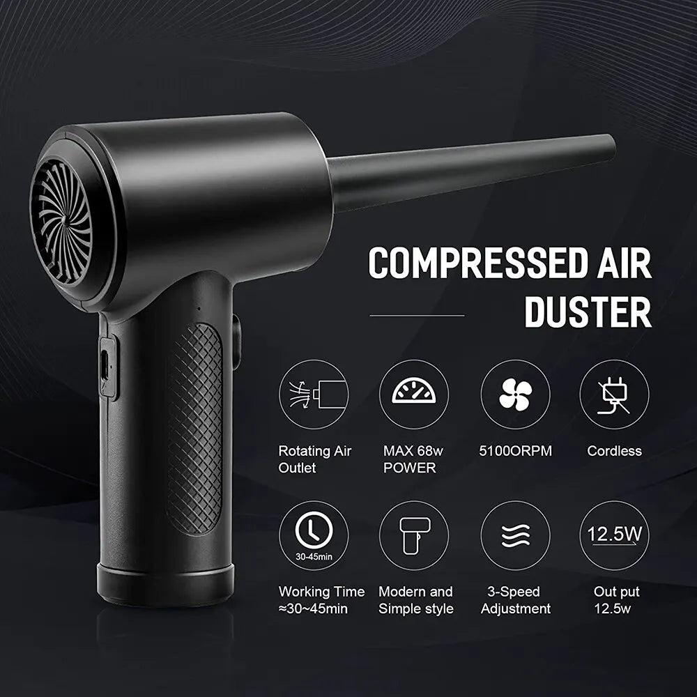 Portable Rechargeable Air Cleaner: 68W/100W Compression Blower with 51000 RPM. Black, Powerful Suction for Multi-Function Use, including Portable Computer Keyboard Cleaning