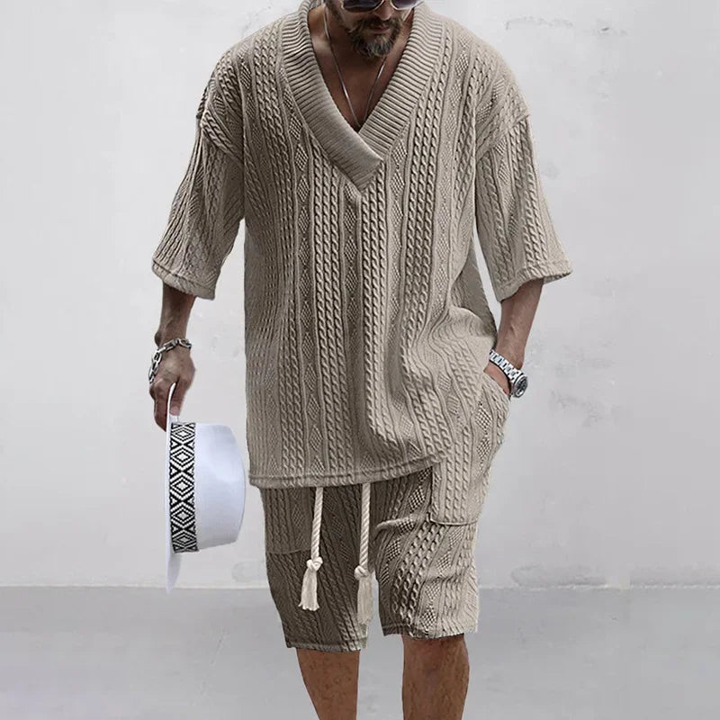 2024 Summer Knit Casual Set: V-Neck Short Sleeve T-shirt and Shorts - Stylish Two-Piece Men's Streetwear Outfit for Comfortable and Fashionable Days Ahead