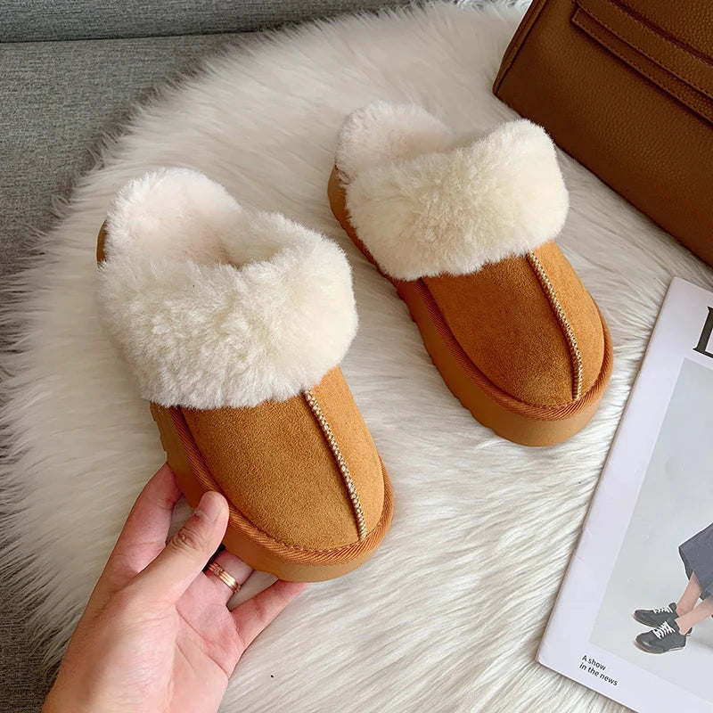 Elevate Your Comfort: Luxury Winter Plush Fur Slippers for Women - Slip-On Platform Slides with Thick Soles, Designer Cotton Home Shoes