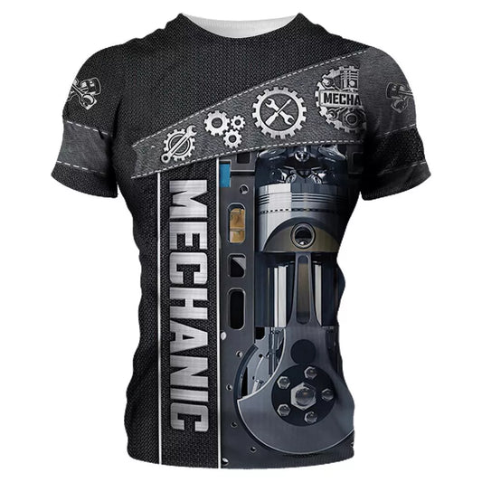 Gear Up with Style: Men's Mechanic Shirt T-shirt featuring Mechanical Tools Print. Stay Comfortable and Fashionable in this Short Sleeve Summer Jersey, Perfect for Casual Wear