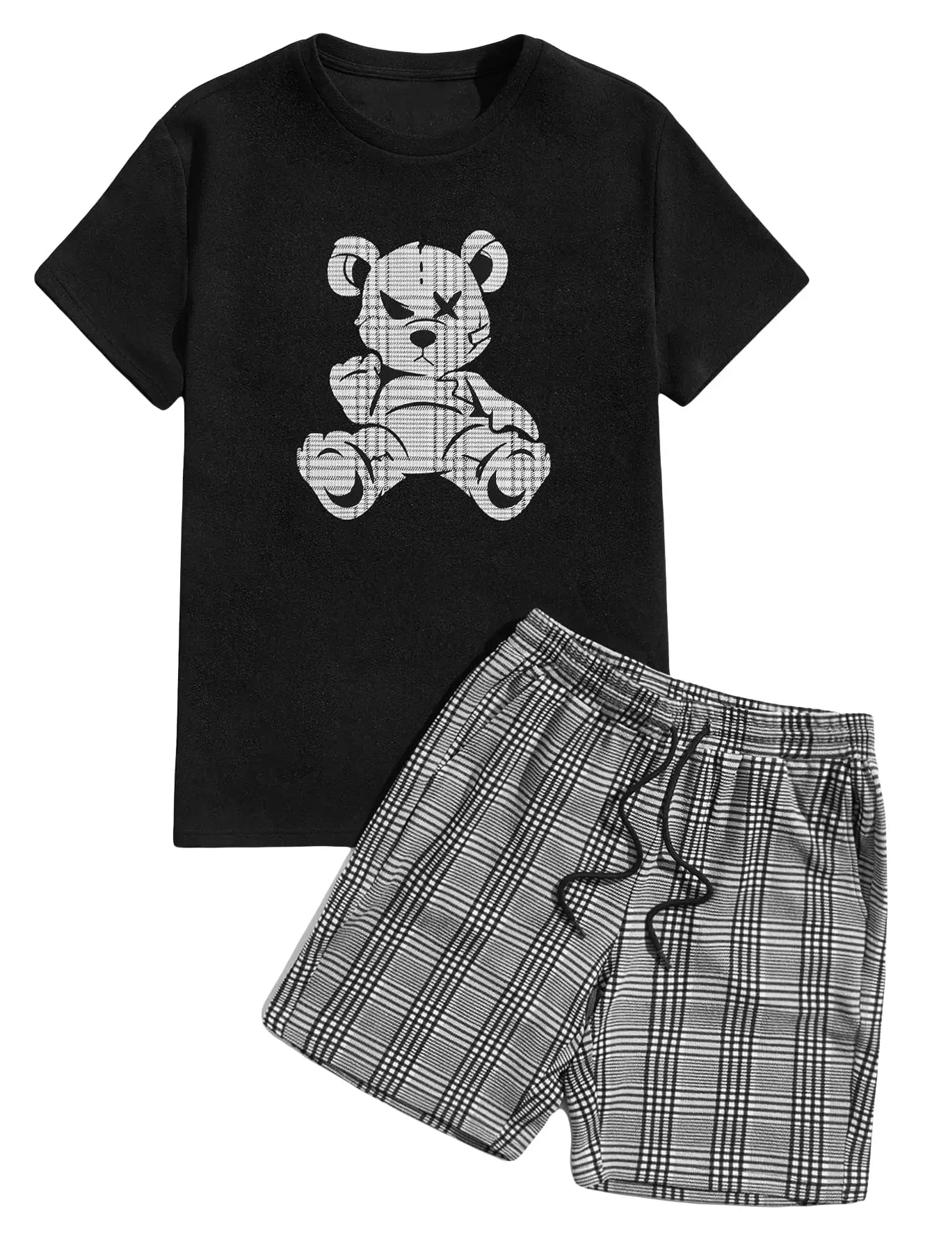 Elevate Your Summer Style: Luxury Men's Sportswear 2-piece Retro Set. This Fashion Clothing Set Features Street Wear Bear Pattern with 3D Printing Style on T-shirt and Shorts