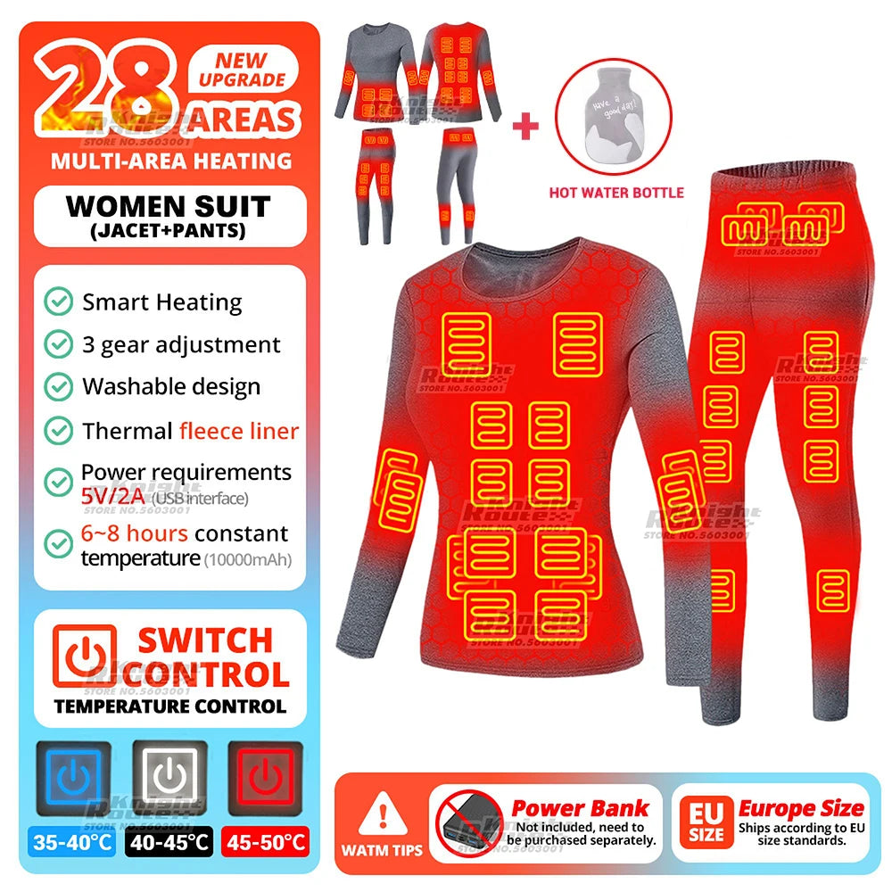 28 Areas Heated Jacket Men Self Heating Vest Women Heated Thermal Underwear Ski USB Electric Heating Clothing Long Johns Winter