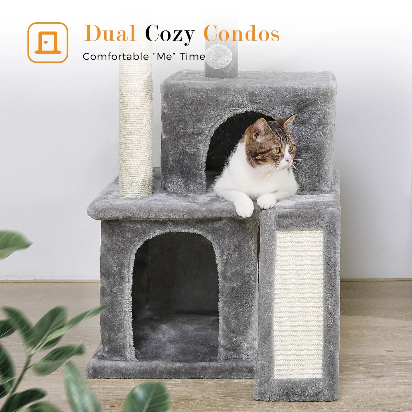 Luxury Cat Tree Towers: Double Condos, Spacious Perch, Hammock, Scratching Sisal Post, and Dangling Balls - Ultimate Feline Playground