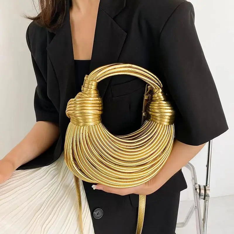 2024 New Gold Luxury Handbags for Women: Designer Brand Handwoven Noodle Bags with Rope Knotted Pulled Hobo and Silver Evening Clutch
