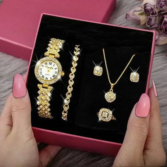 5-Piece Fashion Luxury Crystal Jewelry Set: Wristwatch, Necklace, Earrings, Ring, Bracelet