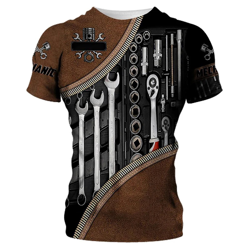 Gear Up with Style: Men's Mechanic Shirt T-shirt featuring Mechanical Tools Print. Stay Comfortable and Fashionable in this Short Sleeve Summer Jersey, Perfect for Casual Wear