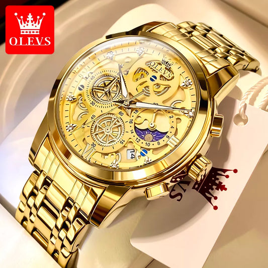 OLEVS Men's Luxury Gold Skeleton Quartz Watch: Waterproof Original Design