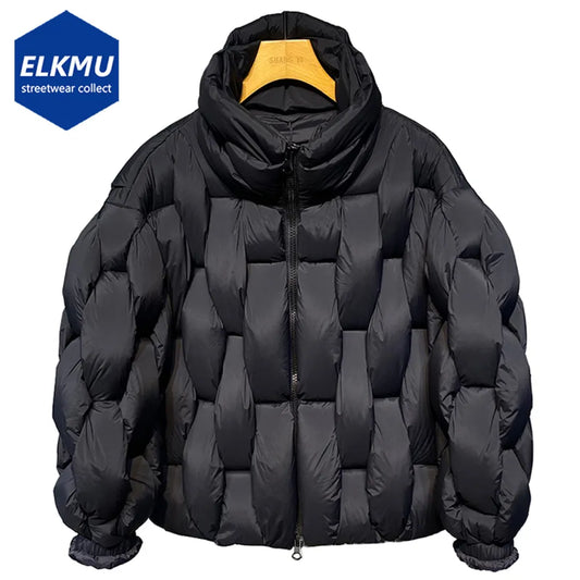 Stay Stylishly Warm: Luxury Designer Men's Padded Winter Parka Jacket - High Collar, Square Weave, Black, Loose Fit Puffer Bubble Jacket