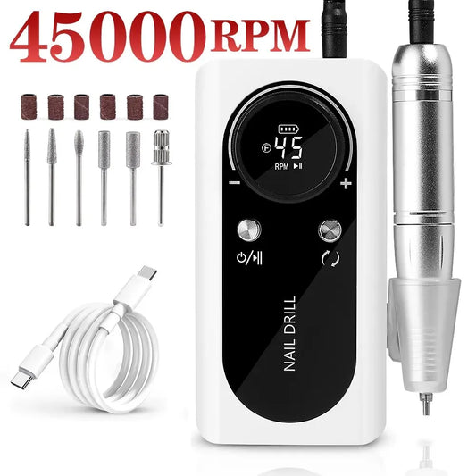 45000RPM Electric Portable Nail Drill Machine: Rechargeable Nail Sander for Gel Nails Polishing