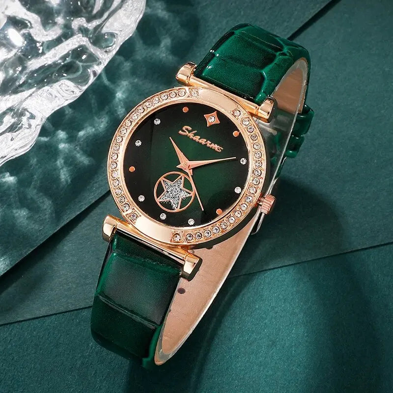 Indulge in Luxury with the 6PCS Green Quartz Watch Set for Women: Includes Rings, Necklaces, Earrings, and Rhinestone-adorned Wristwatches, Perfect for Elevating Your Casual Fashion Statement