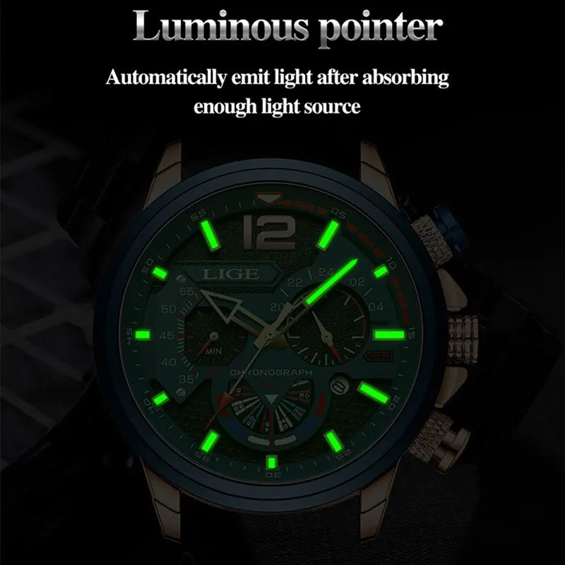 LIGE Fashion Luxury Chronograph Sport Watch for Men: Waterproof Quartz