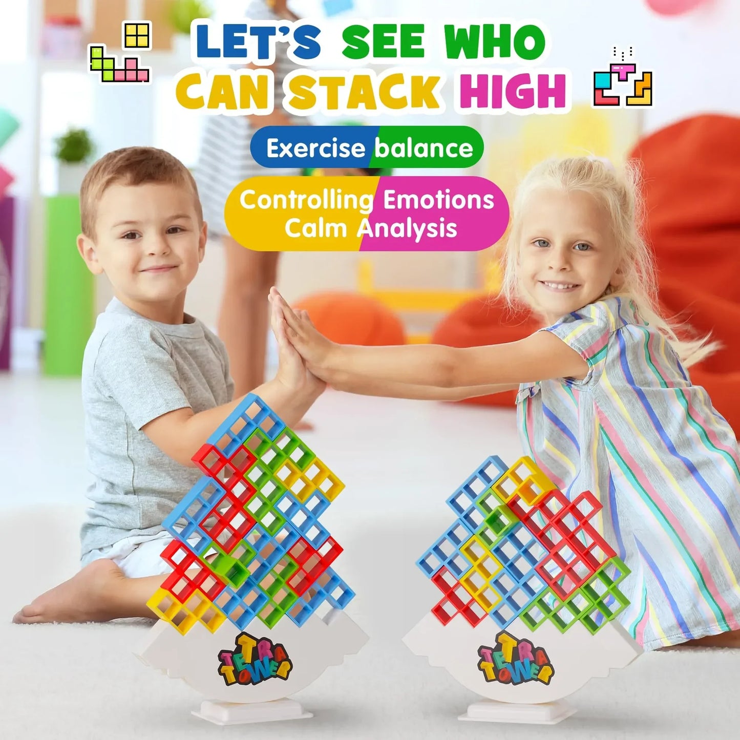 48PCS Tetra Tower Fun Balance Stacking Building Blocks Board Game: Perfect for Kids, Adults, Friends, and Family Game Nights or Parties
